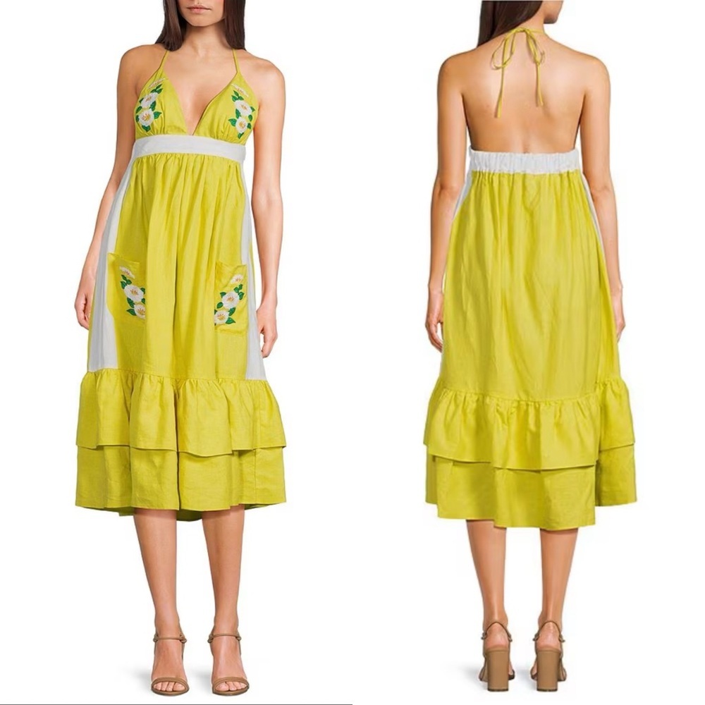 Fanm Mon Halter Linen Dress Medium Floral Embroidered NWT